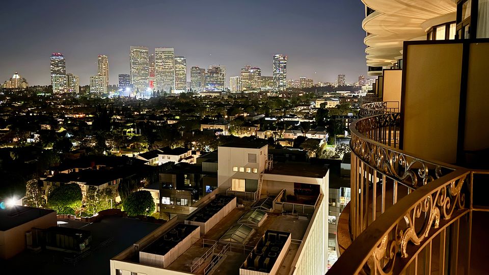 A night time balcony view.