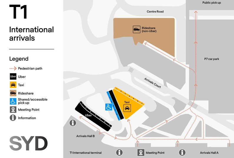 The two Uber pickup areas are marked in black and located directly outside the T1 arrivals hall.